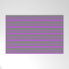[ Thumbnail: Orchid and Grey Colored Lined Pattern Welcome Mat ]