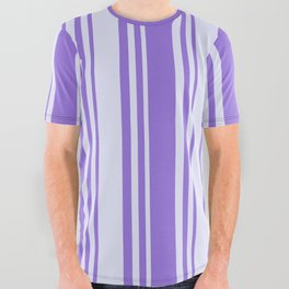 [ Thumbnail: Purple and Lavender Colored Striped Pattern All Over Graphic Tee ]