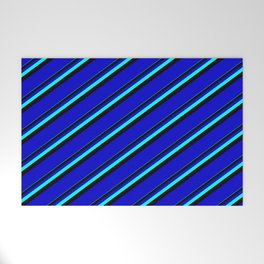 [ Thumbnail: Aqua, Black & Blue Colored Lines/Stripes Pattern Welcome Mat ]