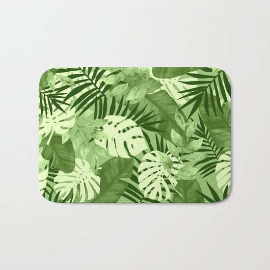 Green Tropical Leaves Pattern Bath Mat