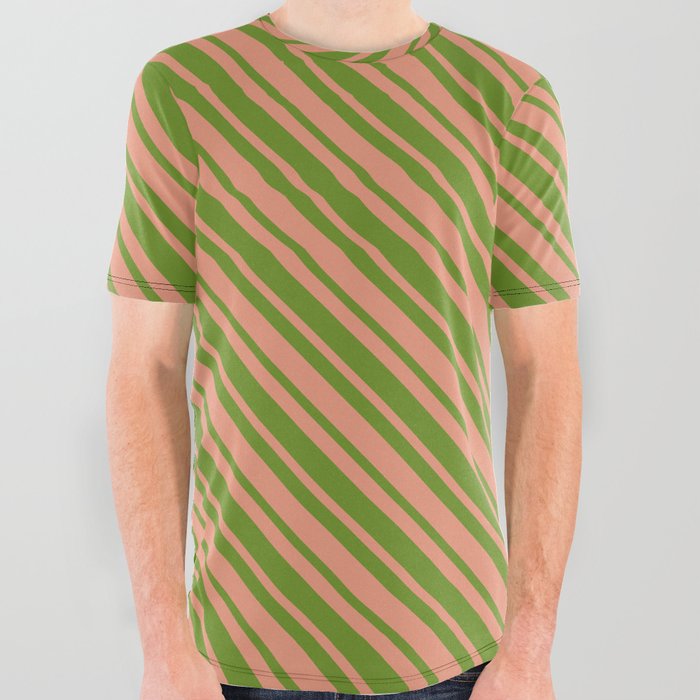 Dark Salmon and Green Colored Lined Pattern All Over Graphic Tee
