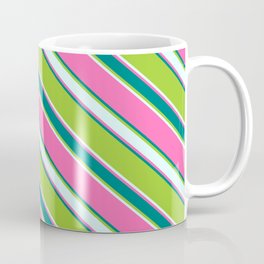 [ Thumbnail: Hot Pink, Teal, Green, and Light Cyan Colored Stripes/Lines Pattern Coffee Mug ]