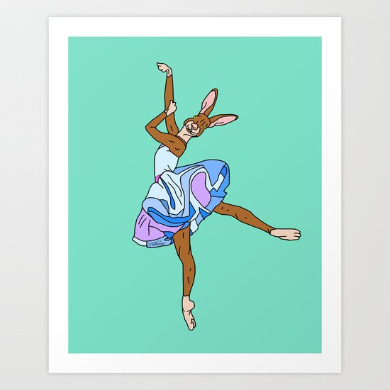 Bunny Rabbit Ballerina - Teal Blue Art Print