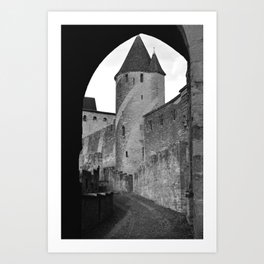 Carcassonne Medieval Castle Ramparts in France - Black and White Art Print