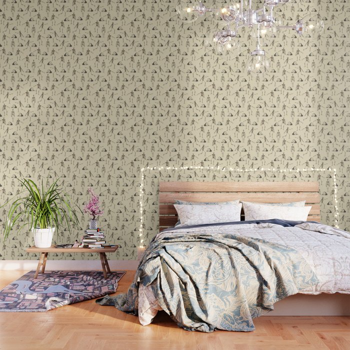 Vintage Skeletons and Tombstones Cream Wallpaper