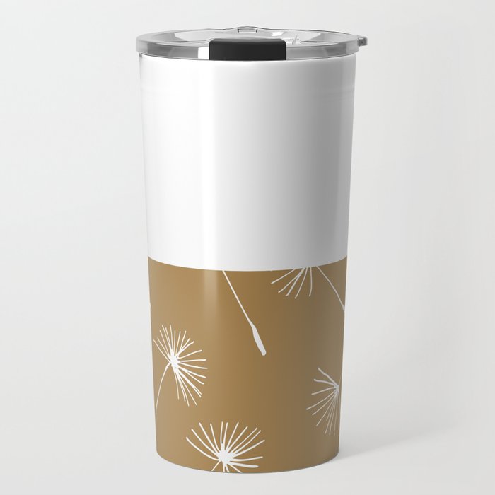 White Dandelion Lace Horizontal Split on Gold Brown Travel Mug