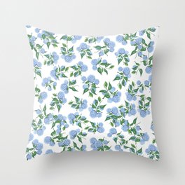 Hydrangea blue flowers, botanicals, blue and white floral Throw Pillow
