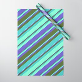 [ Thumbnail: Aquamarine, Slate Blue, Dark Olive Green, and Turquoise Colored Lines Pattern Wrapping Paper ]
