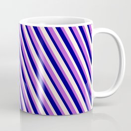 [ Thumbnail: Orchid, Blue & Beige Colored Striped Pattern Coffee Mug ]