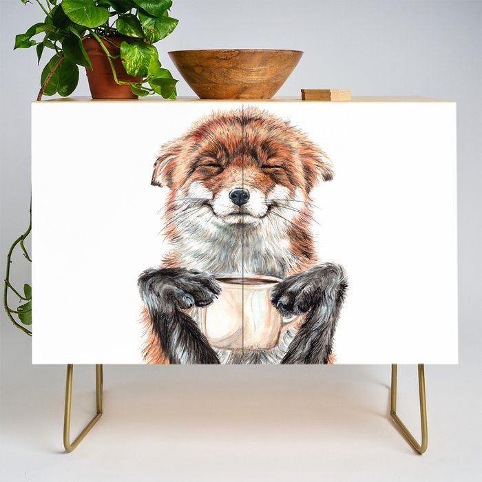" Morning fox " Red fox with her morning coffee Credenza
