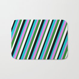 [ Thumbnail: Eyecatching Dark Turquoise, Violet, Forest Green, White & Black Colored Lines/Stripes Pattern Bath Mat ]