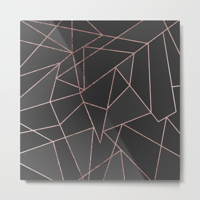 Chic Rose Gold Geometric Outline on Black Charcoal Metal Print