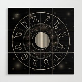 Zodiac astrology wheel Silver astrological signs with moon and stars Wood Wall Art