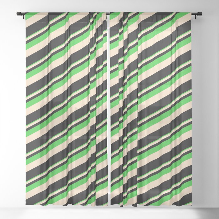 Lime Green, Bisque & Black Colored Lines Pattern Sheer Curtain