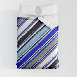 [ Thumbnail: Light Sky Blue, Blue, Gray, White, and Black Colored Striped Pattern Comforter ]