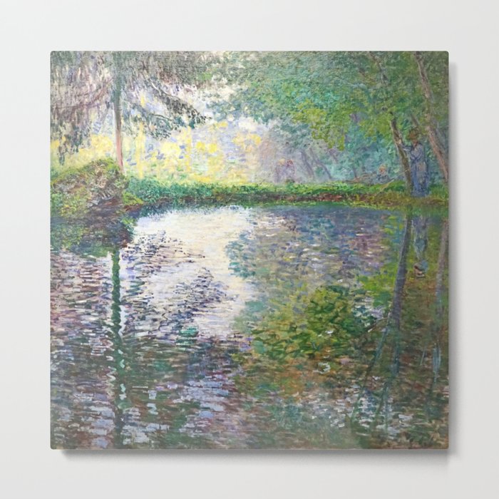 The Pond at Montgeron; autumn leaves mirrored reflection in pond landscape nature painting by Claude Monet Metal Print