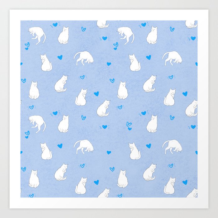 White Cats With Blue Hearts Pattern/Light Blue Background Art Print