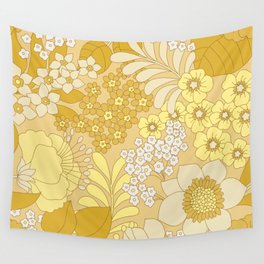 Yellow, Ivory & Brown Retro Floral Pattern Wall Tapestry