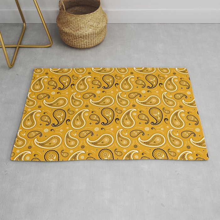 Black and White Paisley Pattern on Mustard Background Rug