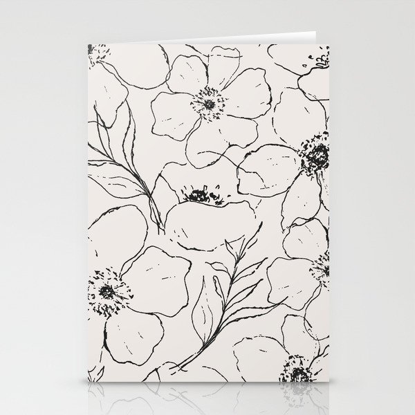 Floral Simplicity - Flower & Leaves Line Art - Cream & Black Stationery Cards