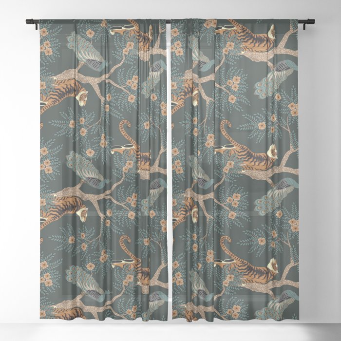Vintage tiger and peacock Sheer Curtain