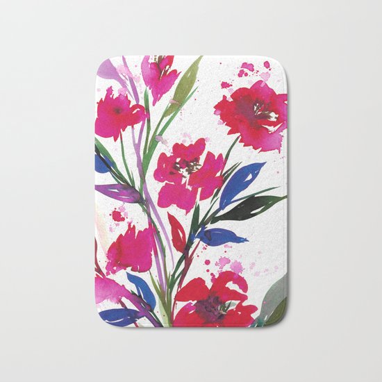 POCKETFUL OF POSIES 1, Colorful Summer Watercolor Floral Painting Abstract Red Blue Pink Flowers Art Bath Mat