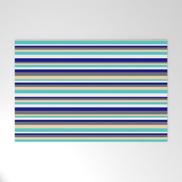 [ Thumbnail: Colorful Dim Grey, Tan, Turquoise, White, and Dark Blue Colored Lined Pattern Welcome Mat ]