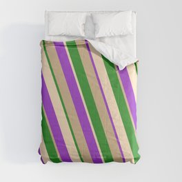 [ Thumbnail: Forest Green, Bisque, Dark Orchid & Tan Colored Stripes Pattern Comforter ]