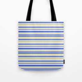 [ Thumbnail: Tan, Lavender & Royal Blue Colored Striped/Lined Pattern Tote Bag ]