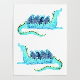 Aqua Watercolor Dragon Poster | Kara, Magical, Animal, Navy, Dragons, Illustration, Dragon, Kids, Whimsical, Watercolor 