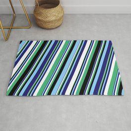 [ Thumbnail: Eyecatching White, Sea Green, Black, Light Sky Blue, and Midnight Blue Colored Stripes Pattern Rug ]