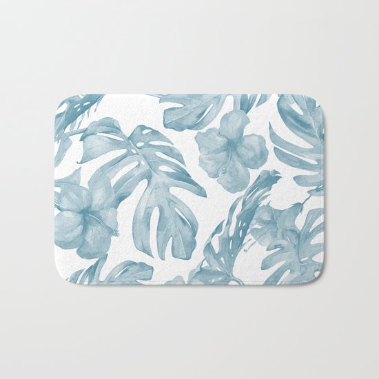 Gorgeous Blue Tropical Leaves + Flowers Bath Mat