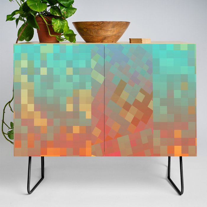 geometric pixel square pattern abstract background in blue orange Credenza