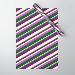[ Thumbnail: Orchid, Dark Green, Purple, and Light Yellow Colored Stripes Pattern Wrapping Paper ]