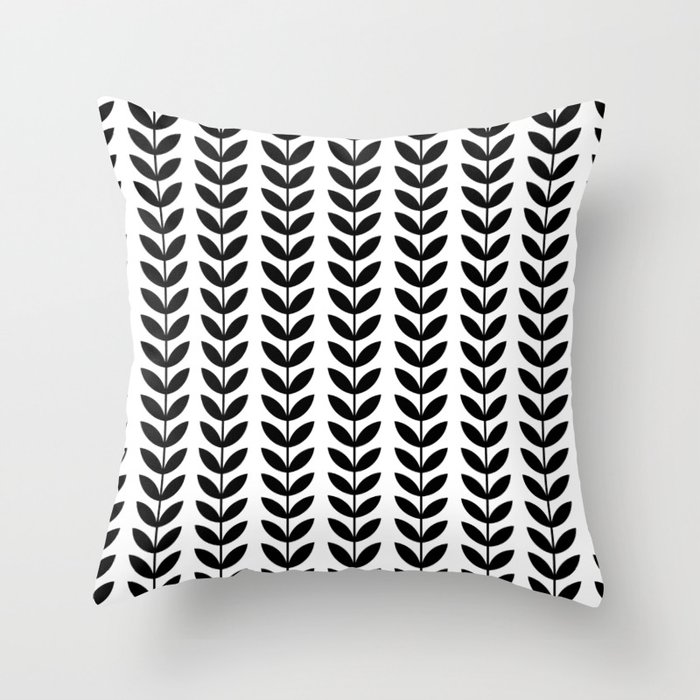 Black Scandinavian leaves pattern Throw Pillow