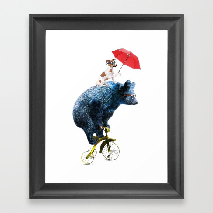 Bear with cute dog on the bike Framed Art Print