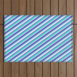 [ Thumbnail: Turquoise, Lavender, and Slate Blue Colored Lines Pattern Outdoor Rug ]
