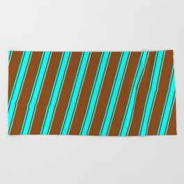 [ Thumbnail: Brown and Cyan Colored Stripes Pattern Beach Towel ]
