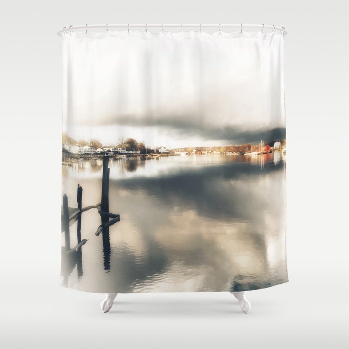 Mystical Harbor Nautical Illustration Shower Curtain
