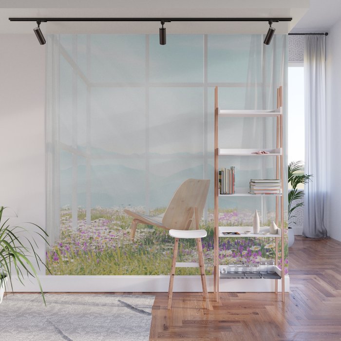 One with nature; bio home of the future with meadows of flowers and solar windows color magical realism photograph / photography Wall Mural