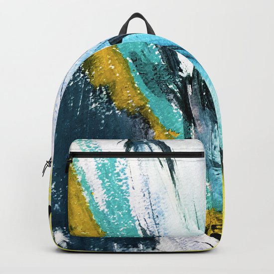 Splash: a vibrant mixed media piece in blues and yellows Backpack