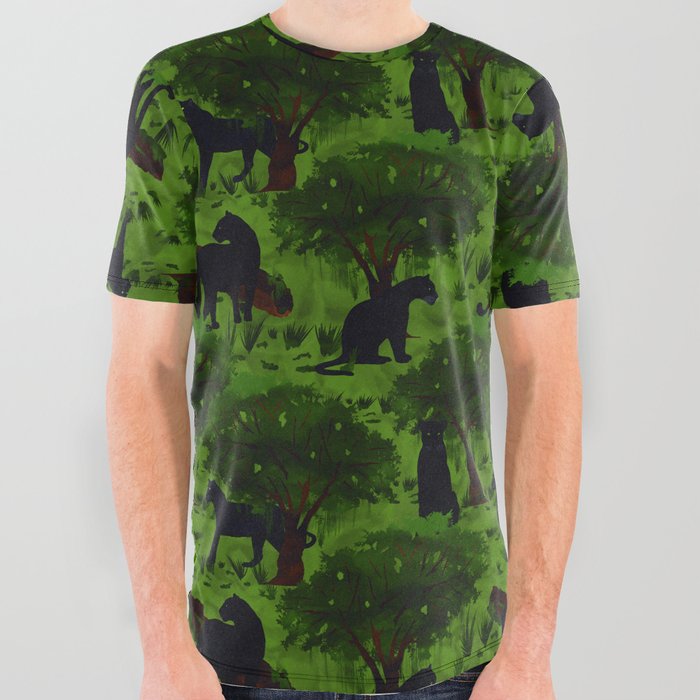  seamless pattern with panthers among tropical vegetation All Over Graphic Tee