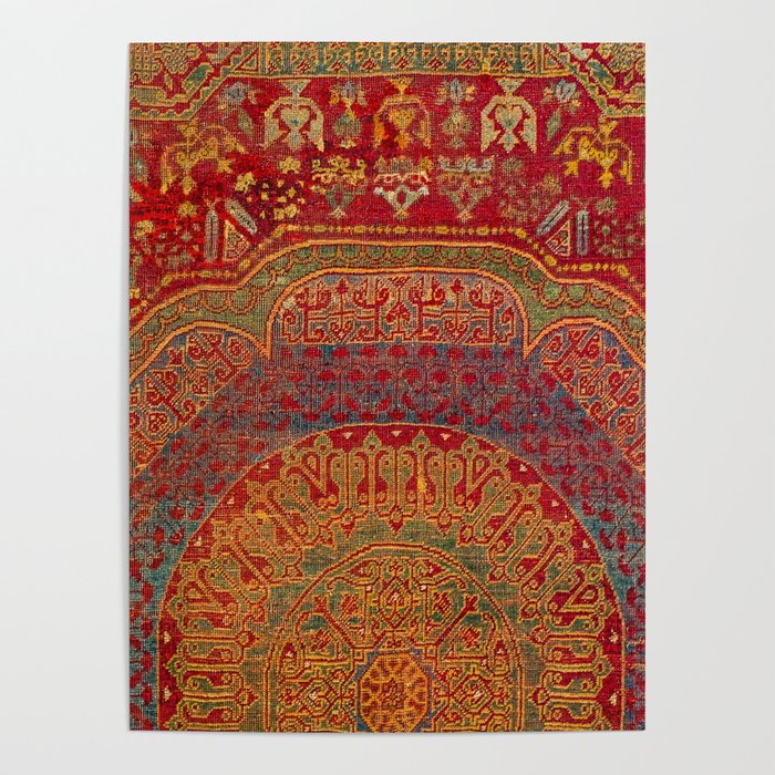 Bohemian Medallion VI // 15th Century Old Distressed Red Green Blue Coloful Ornate Rug Pattern Poster