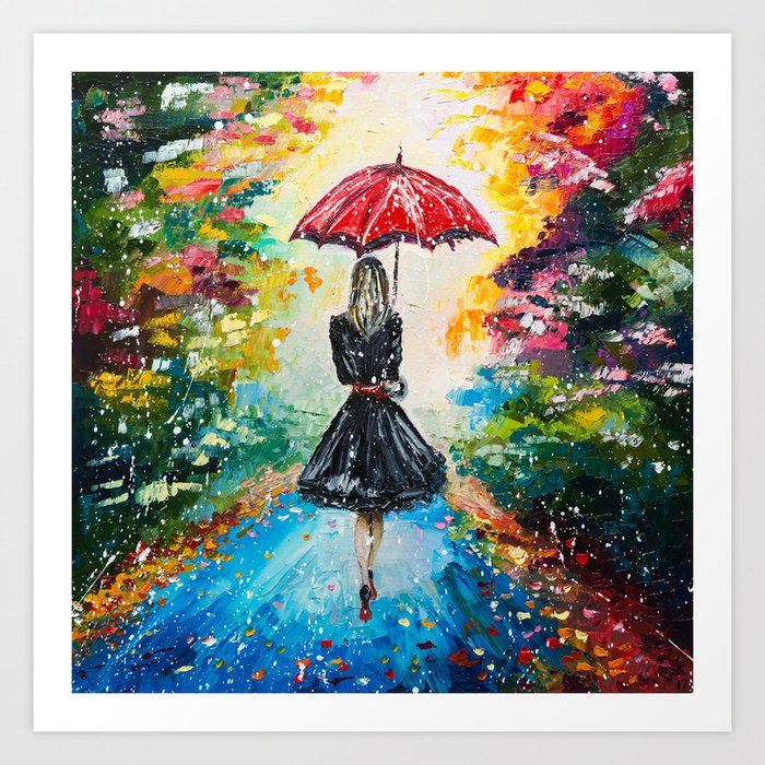 GIRL WITH A RED UMBRELLA Art Print
