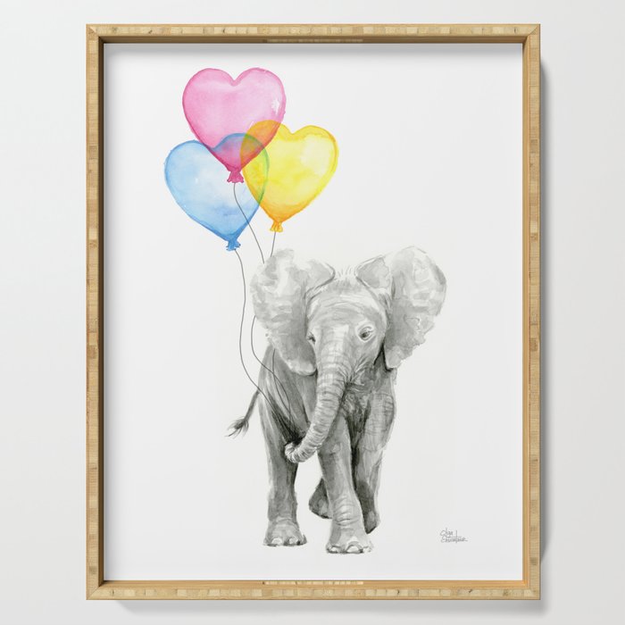 Elephant Watercolor with Balloons Rainbow Hearts Baby Animal Nursery Prints Serving Tray