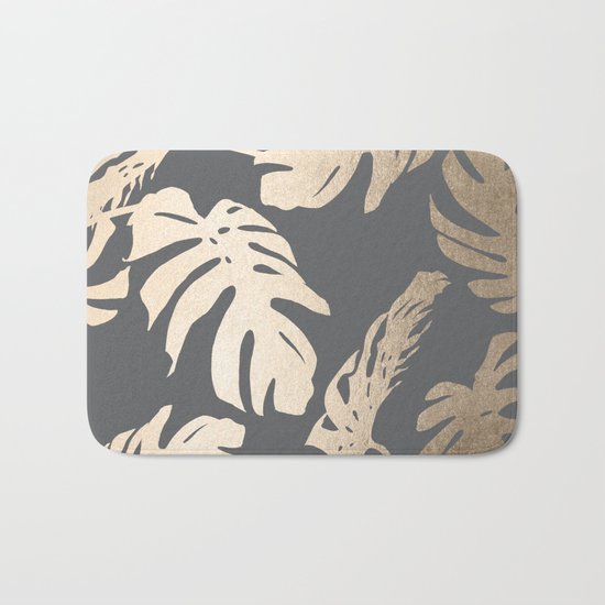 Simply Tropical Palm Leaves White Gold Sands on Storm Gray Bath Mat
