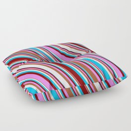 [ Thumbnail: Colorful Deep Sky Blue, Maroon, Violet, Sienna & White Colored Striped/Lined Pattern Floor Pillow ]