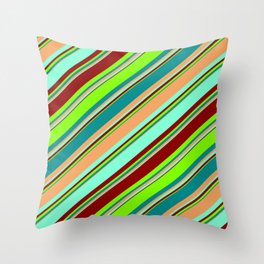 [ Thumbnail: Eyecatching Dark Cyan, Brown, Aquamarine, Dark Red, and Chartreuse Colored Striped/Lined Pattern Throw Pillow ]