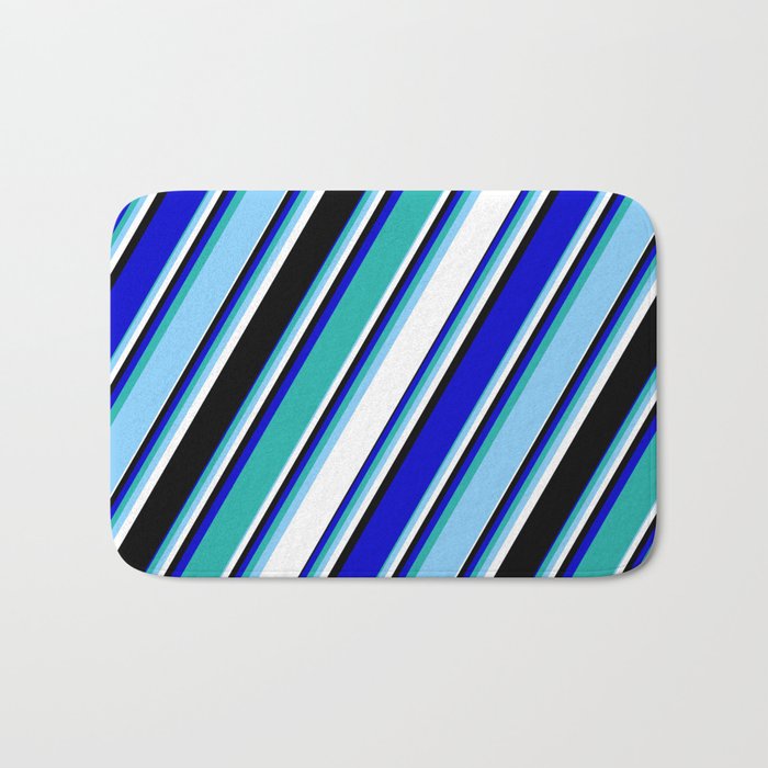 Vibrant Blue, Light Sea Green, Light Sky Blue, White & Black Colored Lines/Stripes Pattern Bath Mat