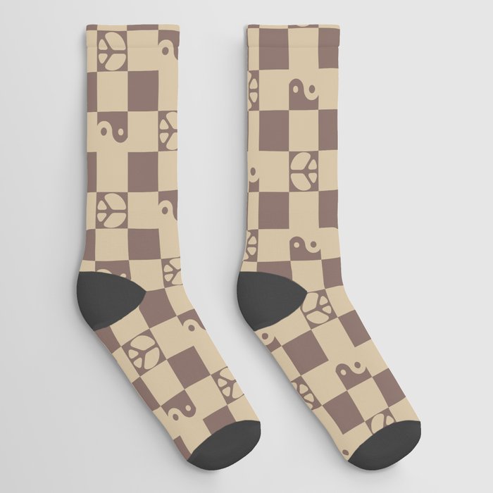 Checkered Peace Symbol & Yin Yang Pattern \\ Cocoa Mocha Color Palette Socks